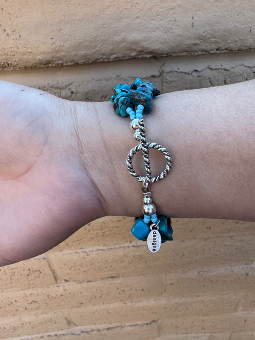 Paige Wallace Handmade Turquoise & Sterling Silver Beaded 2 Strand Bracelet 8"