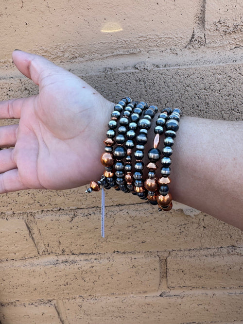 Handcrafted Copper & Sterling Silver Pearl 6-8mm Beaded 6 strand Stretch Bracelet