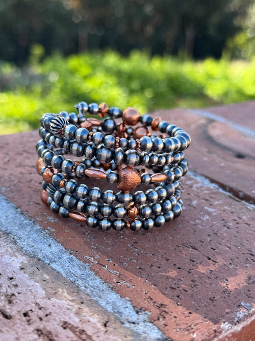 Handcrafted Copper & Sterling Silver Pearl 6-8mm Beaded 6 strand Stretch Bracelet