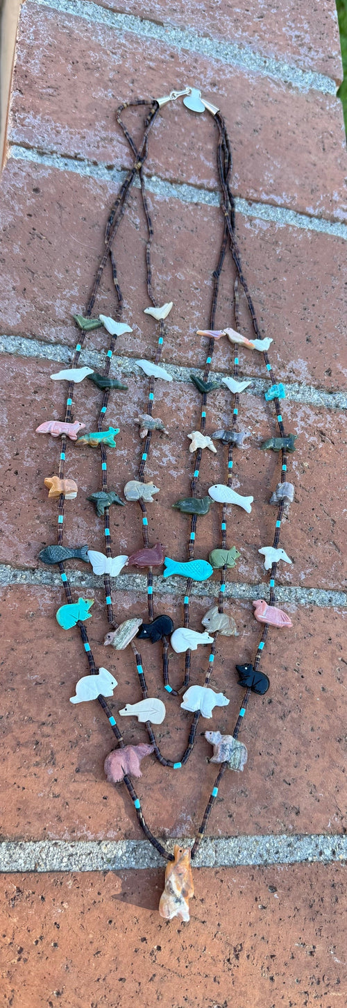 Handcrafted Sterling Silver & Beaded Fetish 3 strand Necklace 30"
