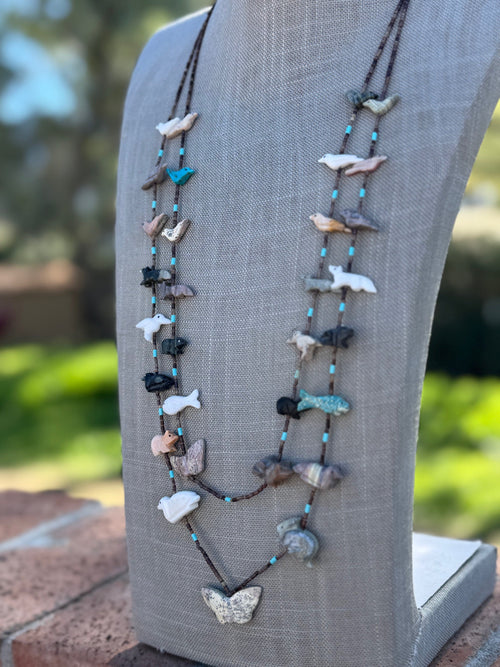 Handcrafted Sterling Silver & Beaded Fetish 2 strand Necklace 30"