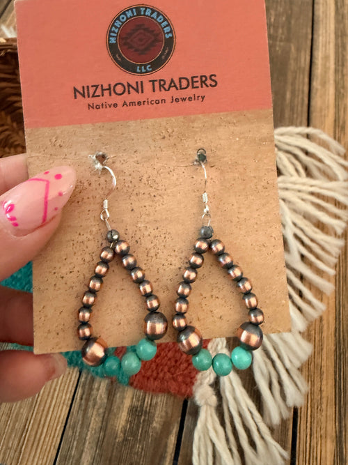 Handcrafted Copper & Turquoise Beaded Dangle Hoop Earrings