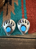 Old Pawn Handcrafted Sterling Silver & Turquoise Bear Paw Clip On Earrings