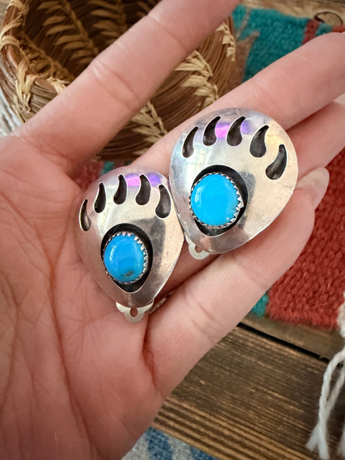 Old Pawn Handcrafted Sterling Silver & Turquoise Bear Paw Clip On Earrings