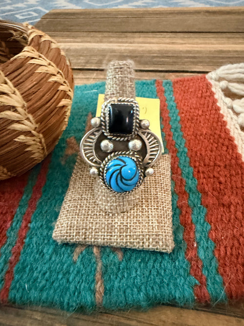 Old Pawn Handcrafted Turquoise, Onyx & Sterling Silve Adjustable Ring