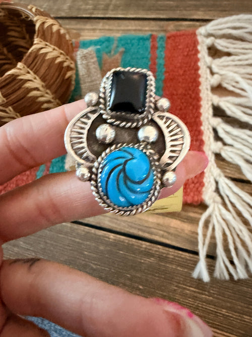 Old Pawn Handcrafted Turquoise, Onyx & Sterling Silve Adjustable Ring