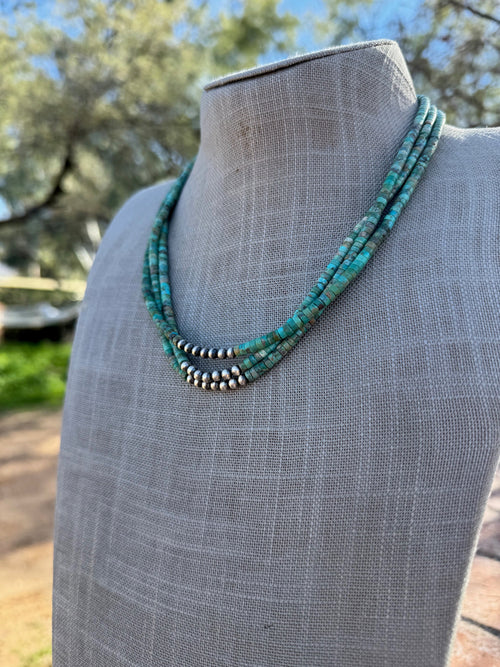 Handcrafted Sterling Silver & Kingman Turquoise Beaded Necklace 18"