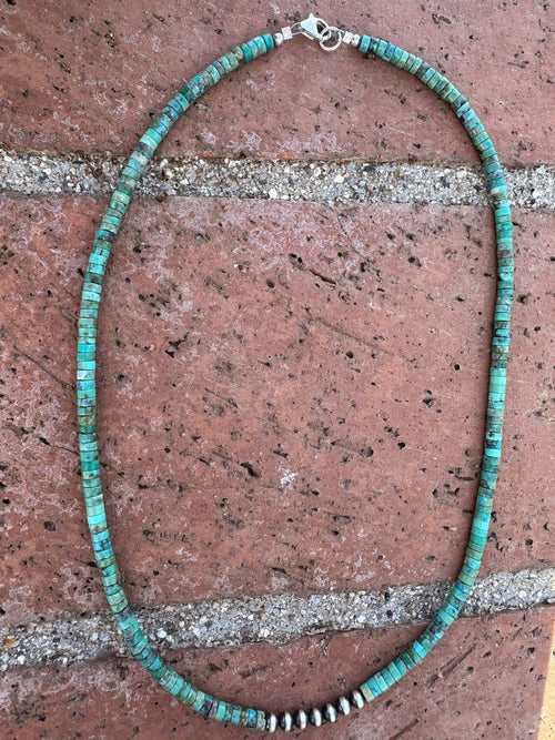 Handcrafted Sterling Silver & Kingman Turquoise Beaded Necklace 18"