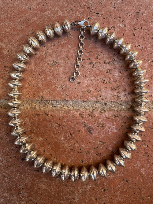Handmade Sterling Silver Stamped 10mm Beaded Necklace 14"