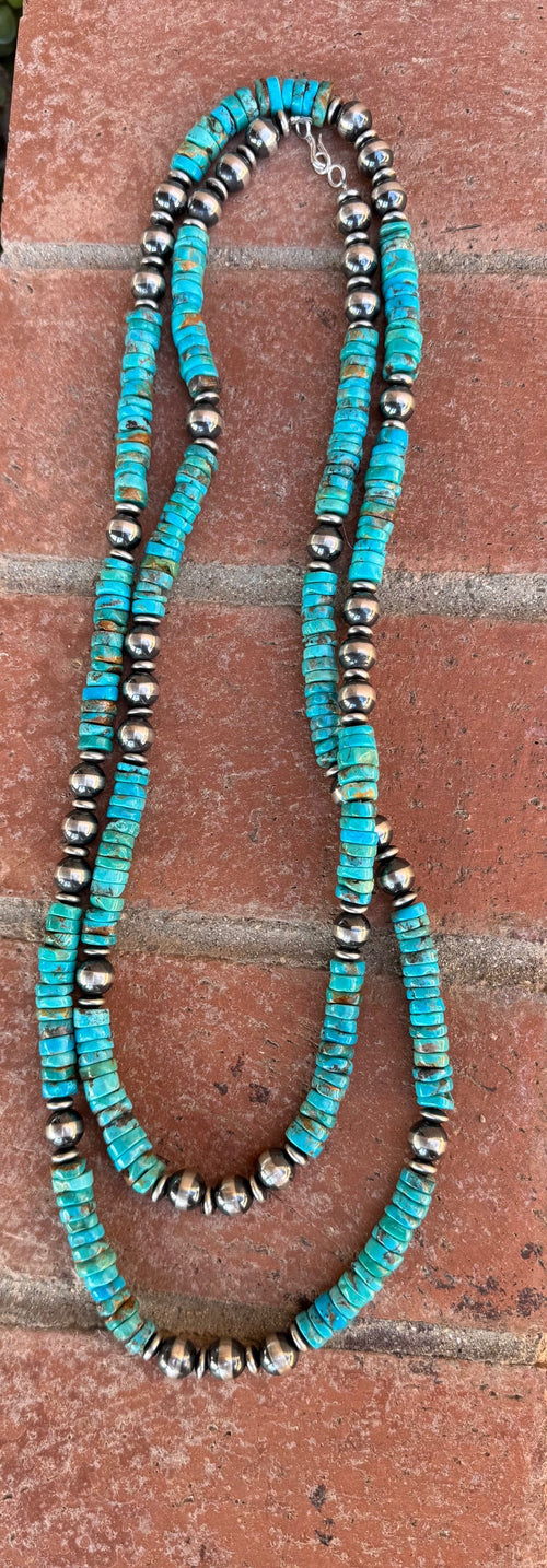 Handcrafted Rolled Natural Kingman Turquoise & Sterling Silver 12mm Beaded Necklace 64"