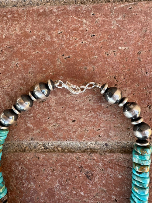 Handcrafted Rolled Natural Kingman Turquoise & Sterling Silver 12mm Beaded Necklace 64"