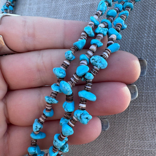 Handcrafted Kingman Turquoise & Heishi 3 strand Beaded Necklace 30"