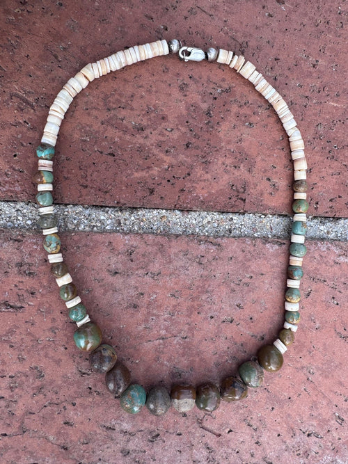 Handcrafted Royston Turquoise & Heishi, Sterling Silver Beaded Necklace 15"