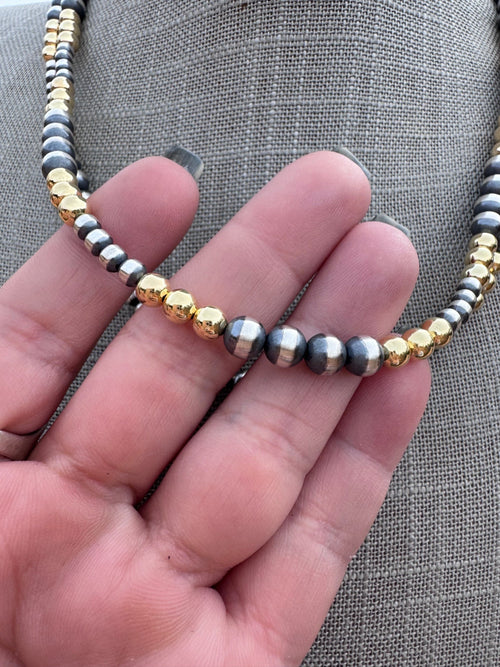 Handcrafted Sterling Silver & Gold Overlay 4-6mm Beaded Necklace
