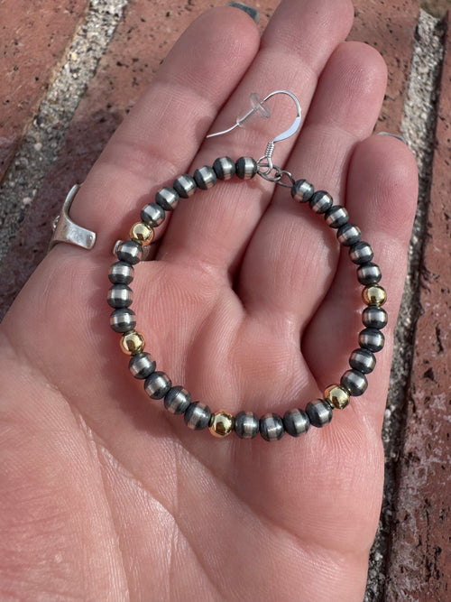 Handcrafted Gold Overlay & Sterling Silver Pearl 4mm Beaded Dangle Hoop Earrings