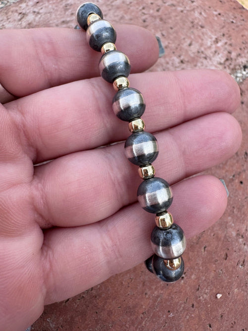 Handcrafted Patterned Gold Overlay & Sterling Silver Pearl 4-8mm Beaded Bracelet 7.5"
