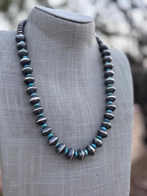 Handcrafted Kingman Turquoise & Sterling Silver Saucer Pearls 6-12mm Beaded Necklace 22"