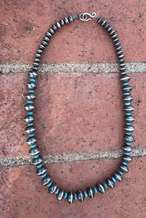 Handcrafted Kingman Turquoise & Sterling Silver Saucer Pearls 6-12mm Beaded Necklace 22"