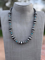 Handcrafted Kingman Turquoise & Sterling Silver Saucer Pearls 6-12mm Beaded Necklace 22"