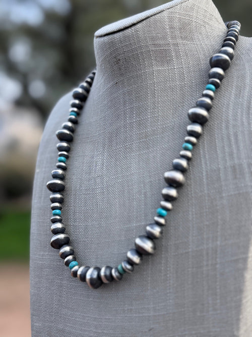 Handcrafted Kingman Turquoise & Sterling Silver Saucer Pearls 6-12mm Beaded Necklace 22"