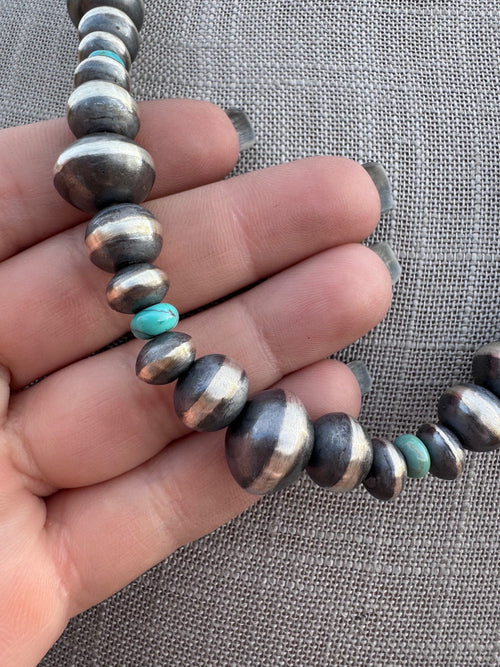 Handcrafted Kingman Turquoise & Sterling Silver Saucer Pearls 6-12mm Beaded Necklace 22"