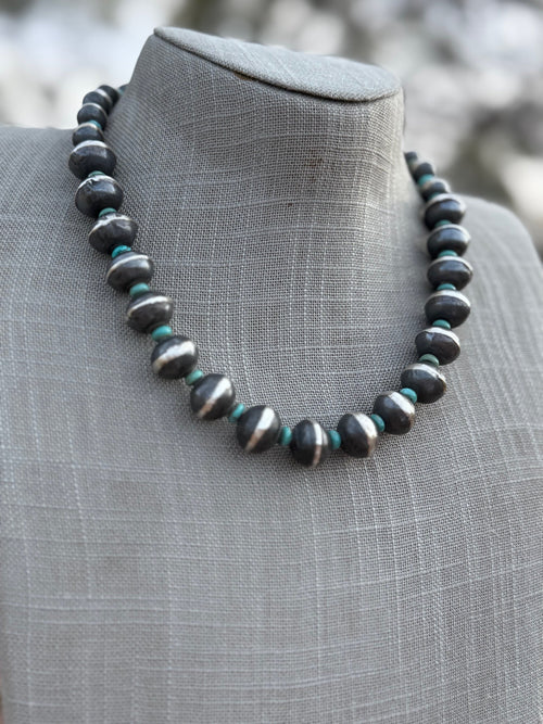 Handcrafted Kingman Turquoise & Sterling Silver Saucer Pearls 8-12mm Beaded Necklace 18"