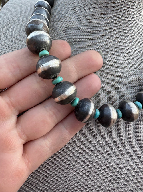 Handcrafted Kingman Turquoise & Sterling Silver Saucer Pearls 8-12mm Beaded Necklace 18"