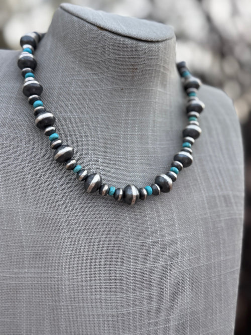 Handcrafted Kingman Turquoise & Sterling Silver Saucer Pearls 8-12mm Beaded Necklace 18"