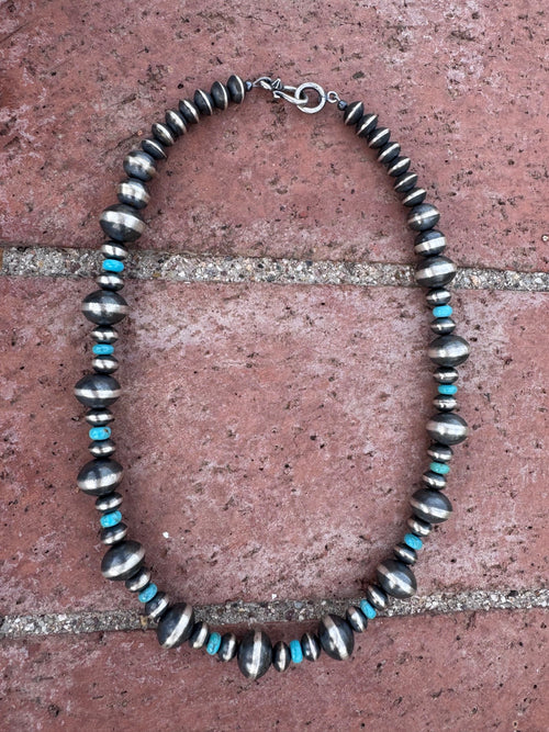 Handcrafted Kingman Turquoise & Sterling Silver Saucer Pearls 8-12mm Beaded Necklace 18"