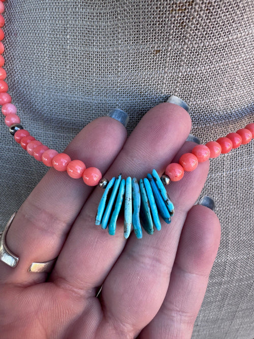 Handcrafted Turquoise, Spiny & Sterling Silver Beaded Necklace 17"