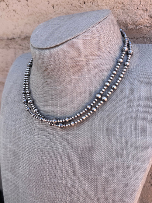 Handcrafted Sterling Silver Pearl Double Strand 3-5mm Beaded Necklace 16"