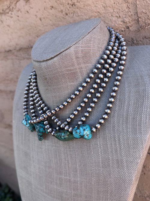 Handcrafted Chunky Kingman Turquoise And Sterling Silver 6mm Beaded Necklace 16"