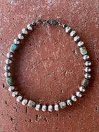 Handcrafted Sterling Silver and Turquoise 5mm Beaded Bracelet 7"
