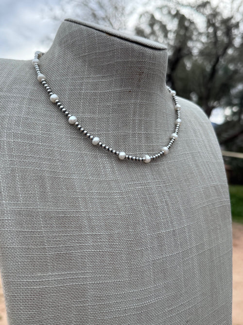 Handcrafted Freshwater Pearl & Sterling Silver Pearl 3mm Beaded Necklace 16"