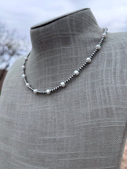 Handcrafted Freshwater Pearl & Sterling Silver Pearl 3mm Beaded Necklace 16"