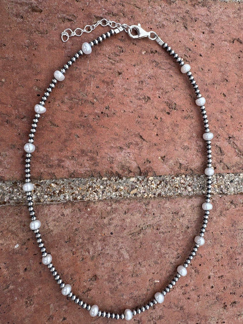 Handcrafted Freshwater Pearl & Sterling Silver Pearl 3mm Beaded Necklace 16"