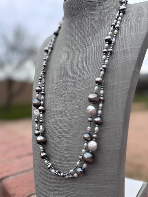 Handcrafted Mother of Pearl & Sterling Silver Pearl 3-14mm Beaded Necklace 58"