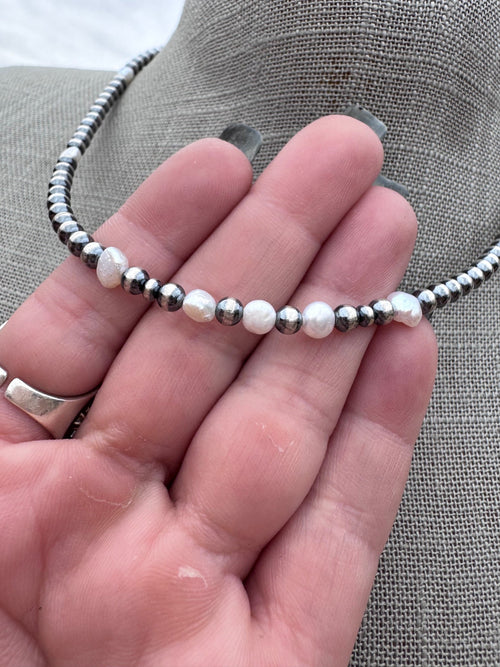 Handcrafted Freshwater Pearl & Sterling Silver Pearl 4mm Beaded Necklace 16"
