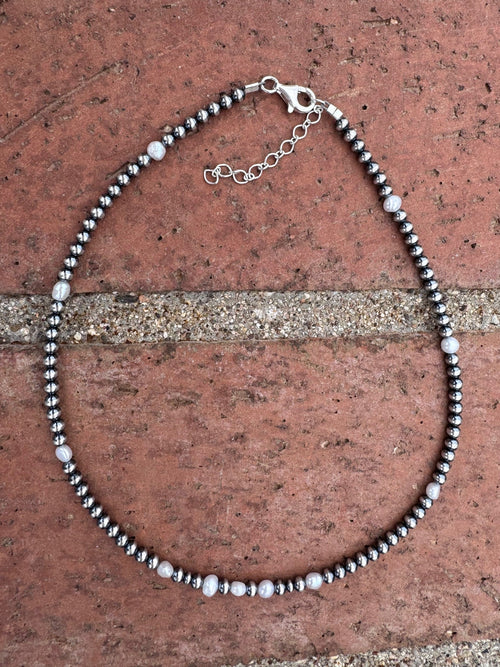 Handcrafted Freshwater Pearl & Sterling Silver Pearl 4mm Beaded Necklace 16"