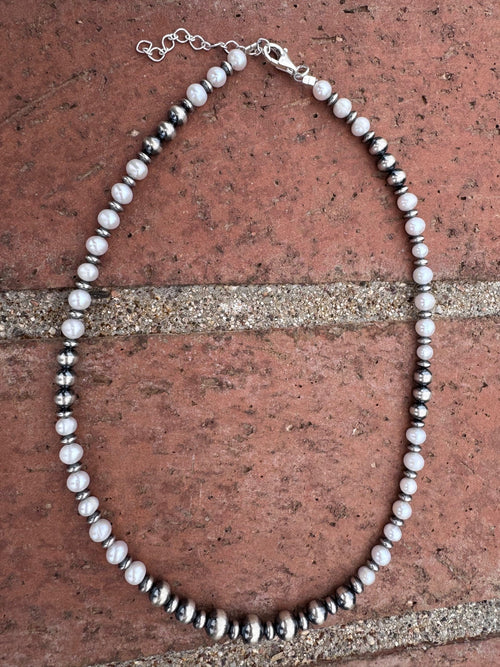 Handcrafted Freshwater Pearl & Sterling Silver Pearl 6-8mm Beaded Necklace 18"