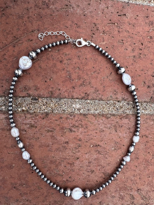 Handcrafted Freshwater Pearl & Sterling Silver Pearl 4-8mm Beaded Necklace 16"