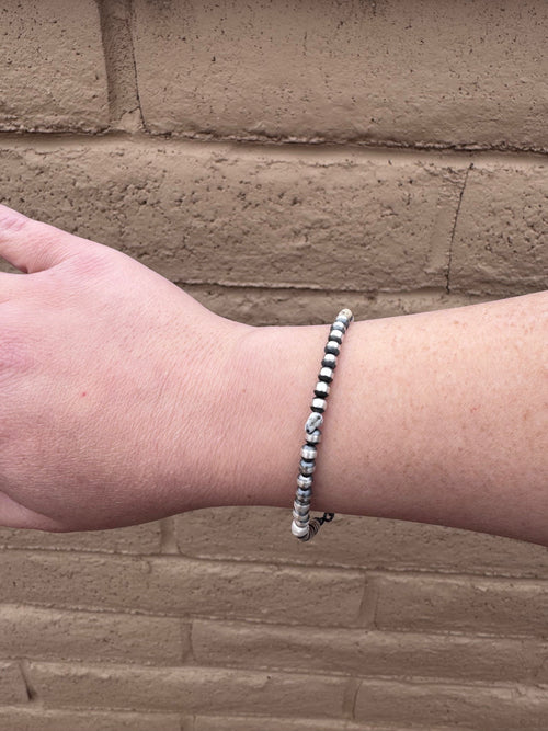 Handcrafted White Buffalo & Sterling Silver Pearl 4mm Beaded Bracelet 7.5"