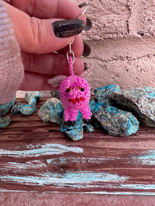 Handmade Beaded Pink Flying Pig Keychain