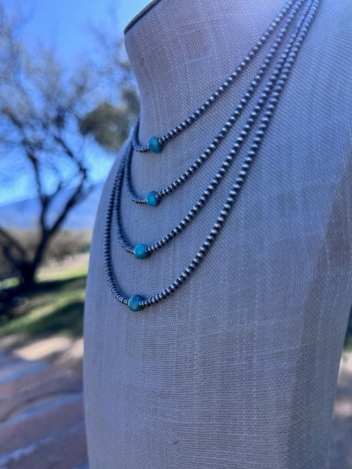 “The Loner” Handmade Sterling Silver & Kingman Turquoise 3mm Beaded Necklace w/ Extender