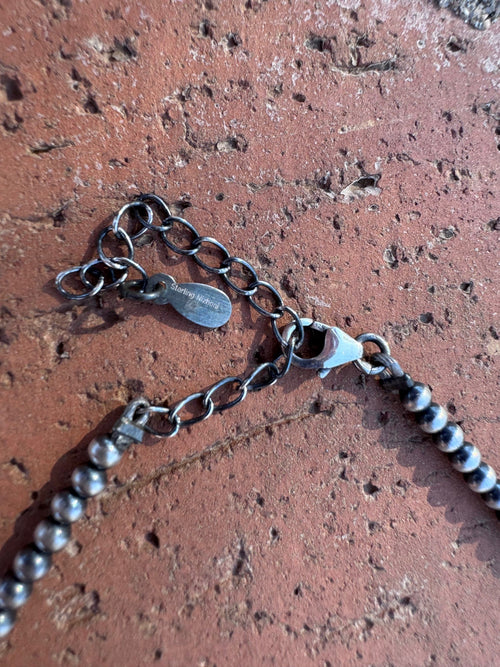 “The Loner” Handmade Sterling Silver & Kingman Turquoise 3mm Beaded Necklace w/ Extender