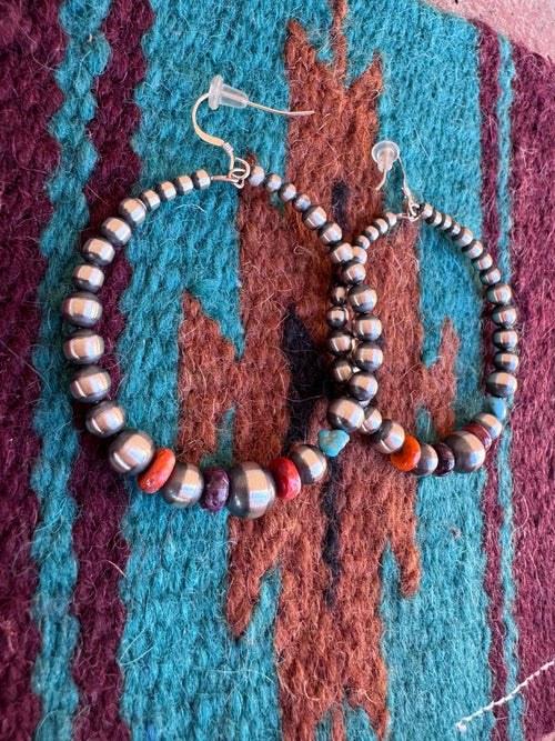 Handcrafted Spiny Oyster, Turquoise & Sterling Silver Beaded Dangle Hoop Earrings