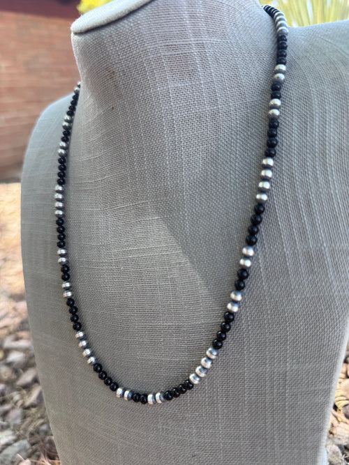 Handcrafted Sterling Silver Pearl & Black Onyx 5mm Beaded 22" Necklace