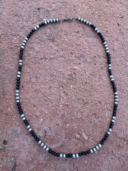 Handcrafted Sterling Silver Pearl & Black Onyx 5mm Beaded 22" Necklace
