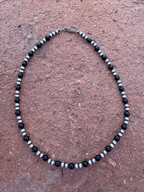 Handcrafted Sterling Silver Pearl & Black Onyx 5-6mm Beaded 18" Necklace