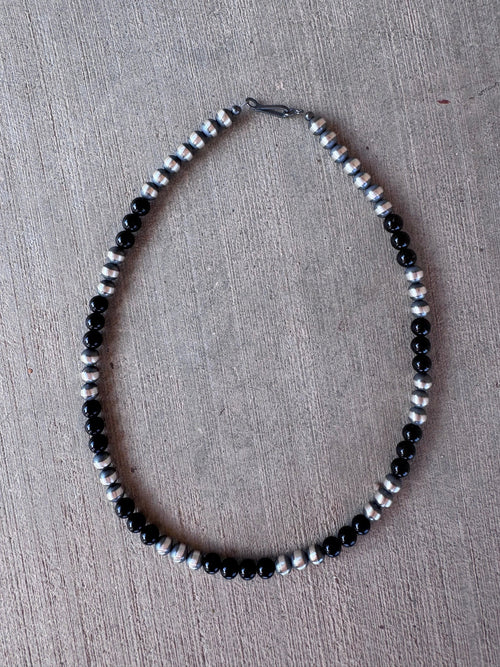 Handcrafted Sterling Silver Pearl & Black Onyx 6mm Beaded 16" Necklace